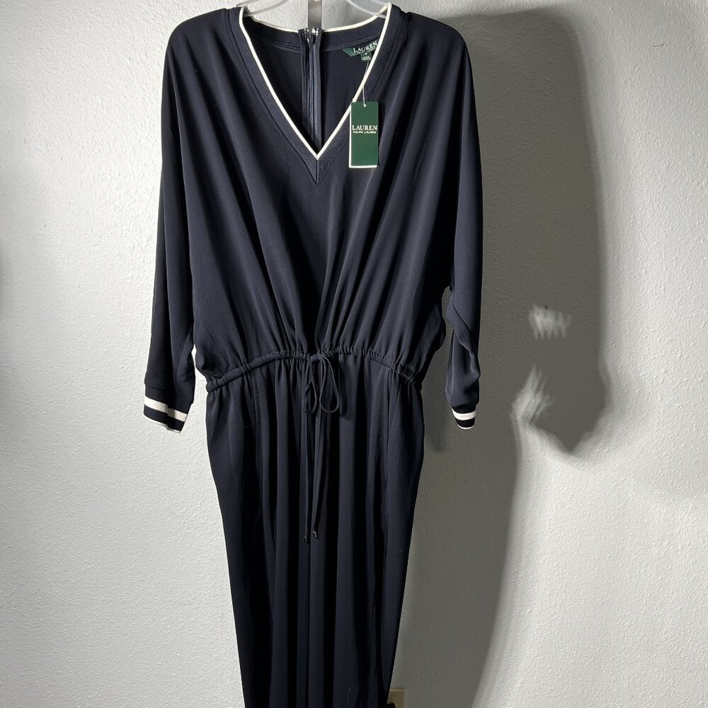 NWT Ralph Lauren Navy Drawstring V-Neck Jumpsuit w Pockets SZ 16